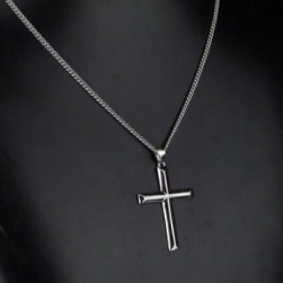 Solid Sterling Silver Cross, Cuban Chain Necklace - Picture 3 of 5